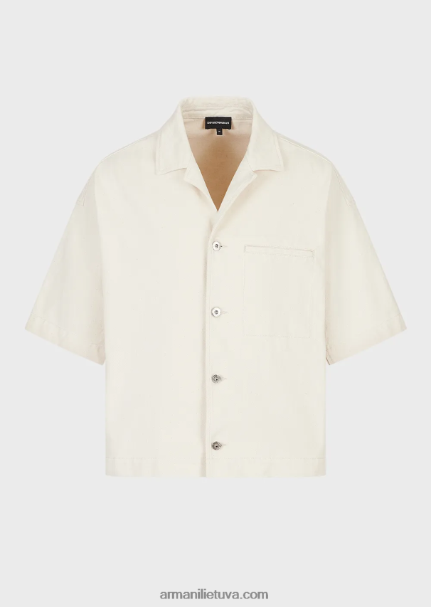 vyrų pieno baltumo Armani džinsinė palaidinė trumpomis rankovėmis su l'amour siuvinėjimu 02482X1085