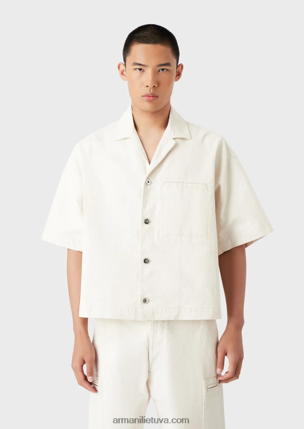 vyrų pieno baltumo Armani džinsinė palaidinė trumpomis rankovėmis su l\'amour siuvinėjimu 02482X1085