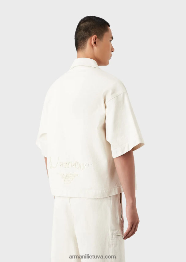 vyrų pieno baltumo Armani džinsinė palaidinė trumpomis rankovėmis su l\'amour siuvinėjimu 02482X1085