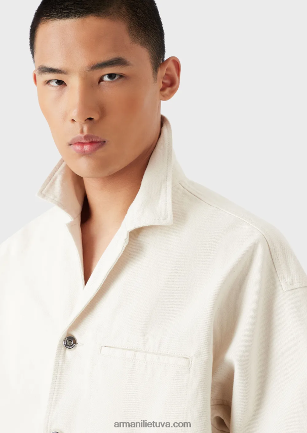 vyrų pieno baltumo Armani džinsinė palaidinė trumpomis rankovėmis su l\'amour siuvinėjimu 02482X1085