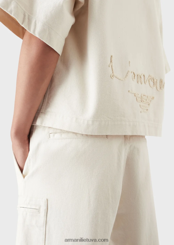 vyrų pieno baltumo Armani džinsinė palaidinė trumpomis rankovėmis su l\'amour siuvinėjimu 02482X1085