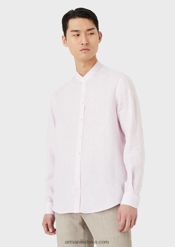 vyrų rožinis Armani modernaus stiliaus lininiai chambray guru marškiniai su apykakle 02482X1139