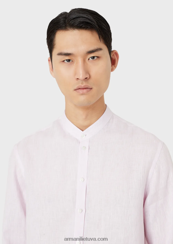 vyrų rožinis Armani modernaus stiliaus lininiai chambray guru marškiniai su apykakle 02482X1139