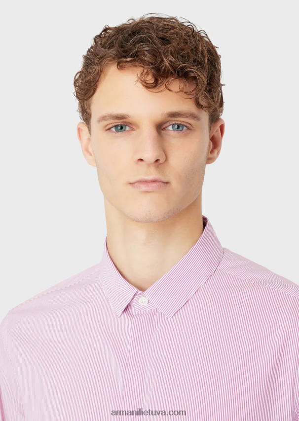 vyrų rožinis Armani tampri medvilniniai ploni dryžuoti marškiniai 02482X1137