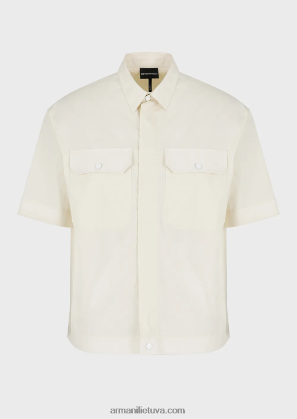 vyrų smėlio spalvos Armani Pima poplin marškiniai trumpomis rankovėmis su kišenėmis 02482X1059