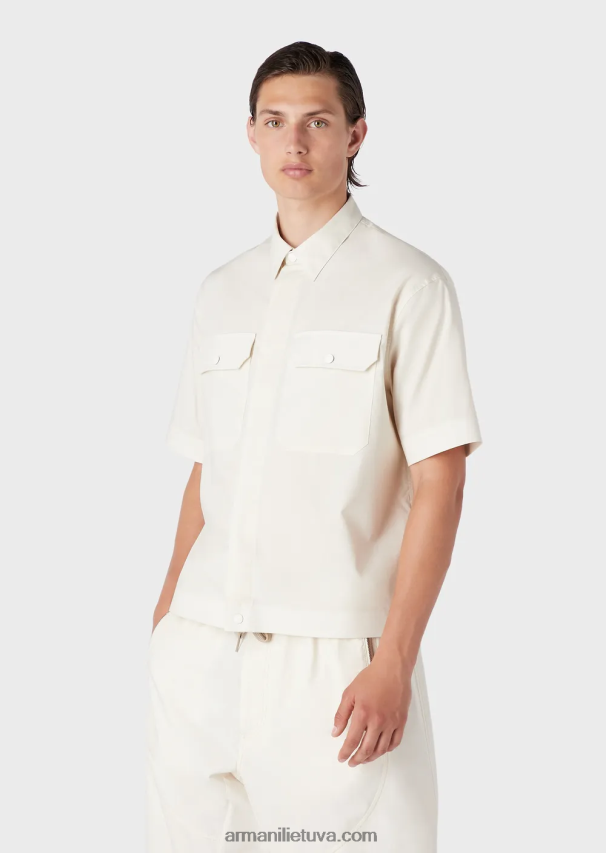 vyrų smėlio spalvos Armani Pima poplin marškiniai trumpomis rankovėmis su kišenėmis 02482X1059