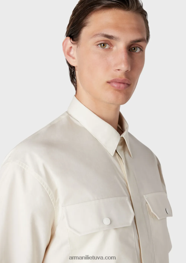 vyrų smėlio spalvos Armani Pima poplin marškiniai trumpomis rankovėmis su kišenėmis 02482X1059