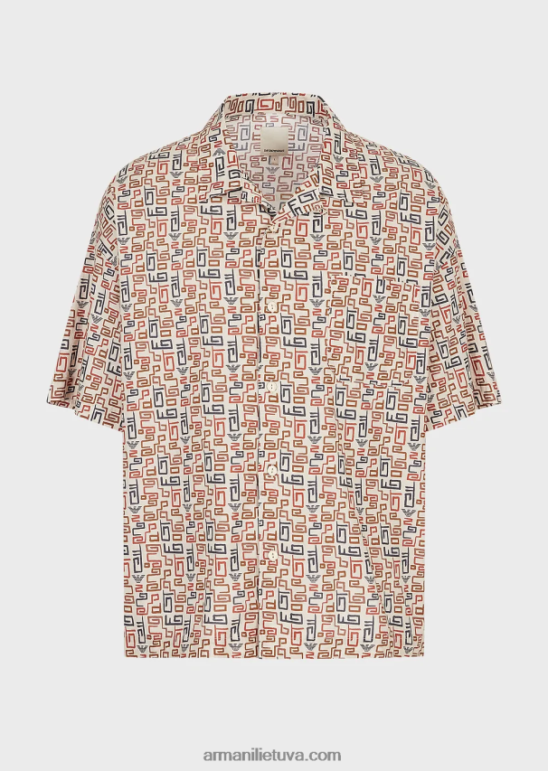 vyrų smėlio spalvos Armani tvarios kolekcijos ekologiškos muslino spalvos marškiniai trumpomis rankovėmis su raštu 02482X1077