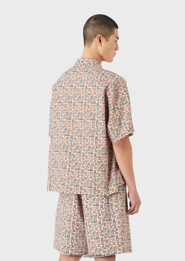 vyrų smėlio spalvos Armani tvarios kolekcijos ekologiškos muslino spalvos marškiniai trumpomis rankovėmis su raštu 02482X1077