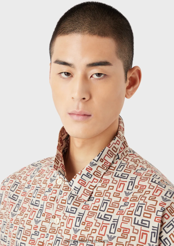 vyrų smėlio spalvos Armani tvarios kolekcijos ekologiškos muslino spalvos marškiniai trumpomis rankovėmis su raštu 02482X1077