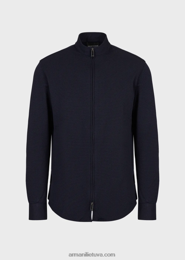 vyrų tamsiai mėlyna Armani Nehru marškinėliai/striukė su pilnu užtrauktuku apykakle iš 3D tampraus techninio trikotažo 02482X1104