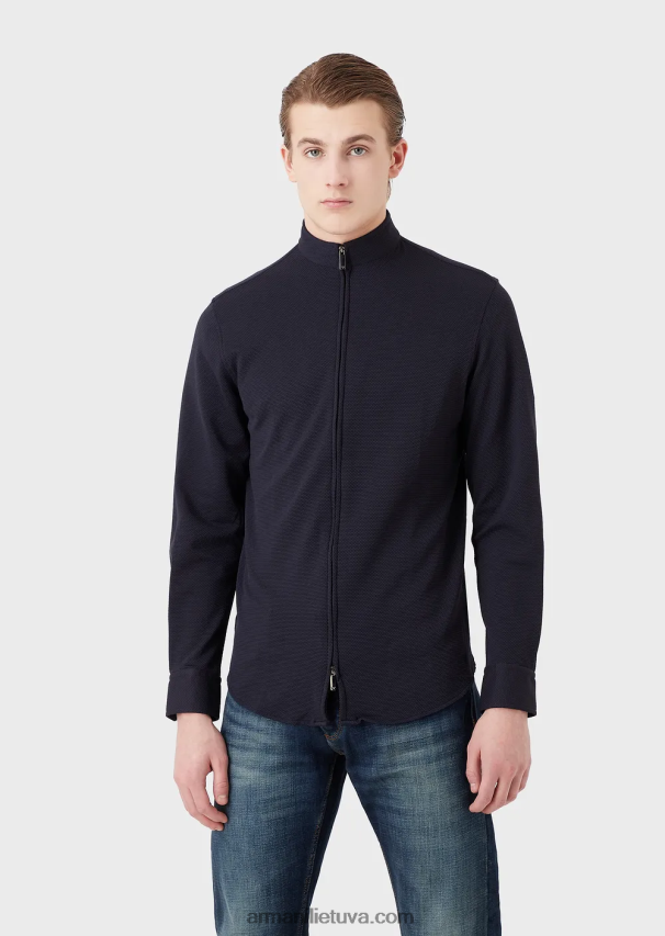 vyrų tamsiai mėlyna Armani Nehru marškinėliai/striukė su pilnu užtrauktuku apykakle iš 3D tampraus techninio trikotažo 02482X1104