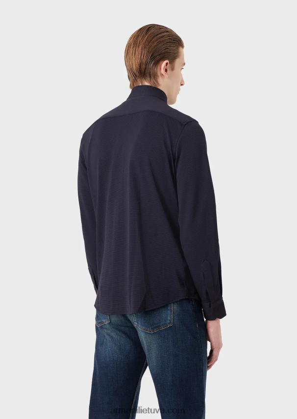 vyrų tamsiai mėlyna Armani Nehru marškinėliai/striukė su pilnu užtrauktuku apykakle iš 3D tampraus techninio trikotažo 02482X1104