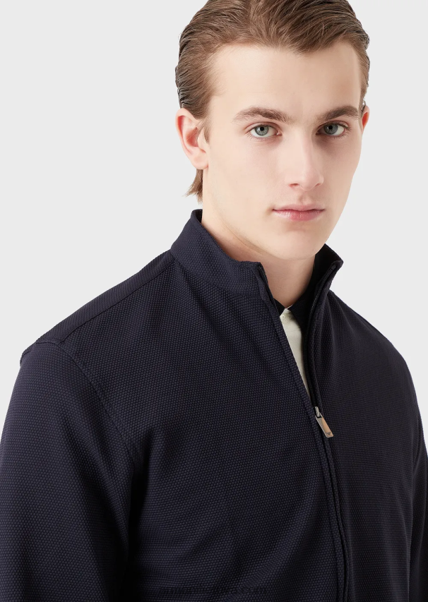vyrų tamsiai mėlyna Armani Nehru marškinėliai/striukė su pilnu užtrauktuku apykakle iš 3D tampraus techninio trikotažo 02482X1104