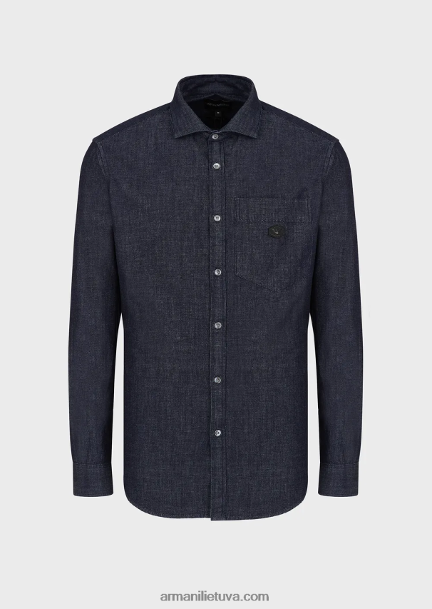 vyrų tamsiai mėlyna Armani džinsiniai marškiniai su kišene ir mikro erelio lopinėliu 02482X1106