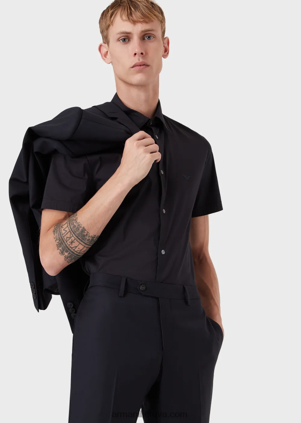 vyrų vidurnakčio mėlyna Armani trumpomis rankovėmis elastingi nailono mišinio marškiniai 02482X1122