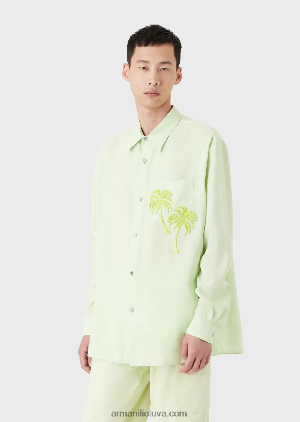 vyrų šviesiai žalia Armani Lygios apdailos modaliniai marškiniai su palmės lopinėliu 02482X1089