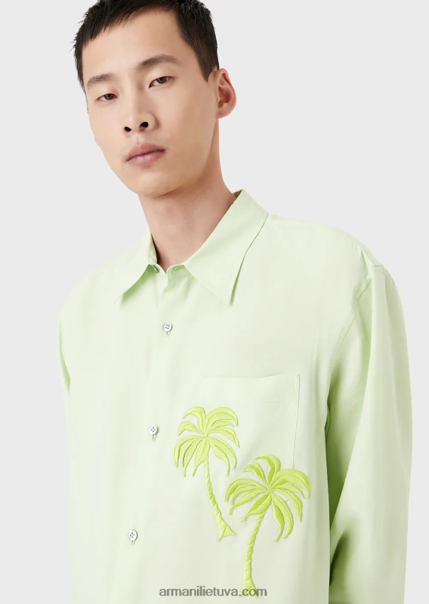 vyrų šviesiai žalia Armani Lygios apdailos modaliniai marškiniai su palmės lopinėliu 02482X1089