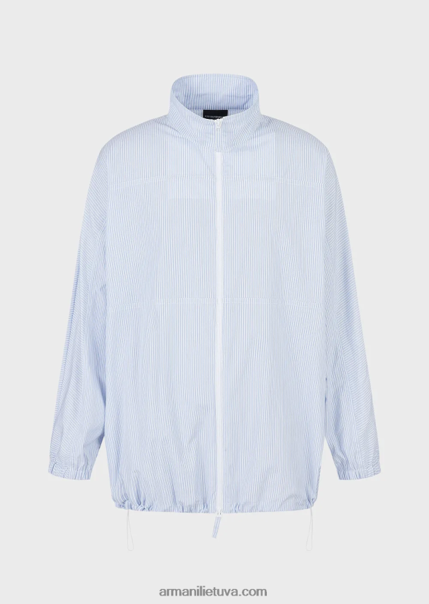 vyrų žydros spalvos Armani Dryžuoto poplino marškinių striukė su pilnu užtrauktuku su logotipu ir mermano raštu 02482X1115