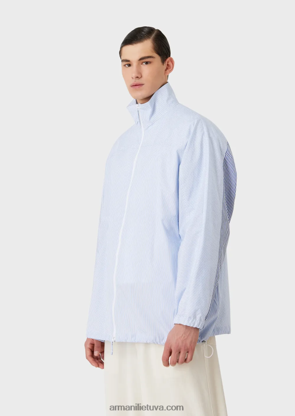 vyrų žydros spalvos Armani Dryžuoto poplino marškinių striukė su pilnu užtrauktuku su logotipu ir mermano raštu 02482X1115