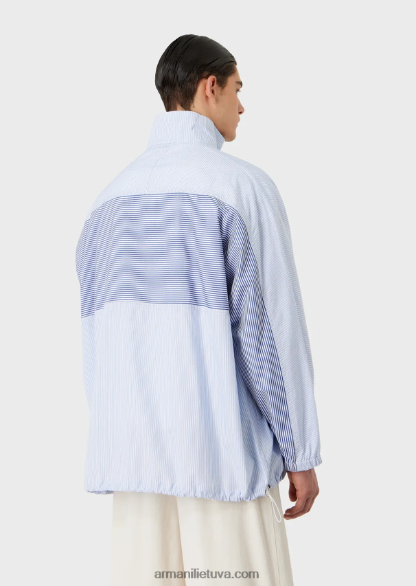 vyrų žydros spalvos Armani Dryžuoto poplino marškinių striukė su pilnu užtrauktuku su logotipu ir mermano raštu 02482X1115