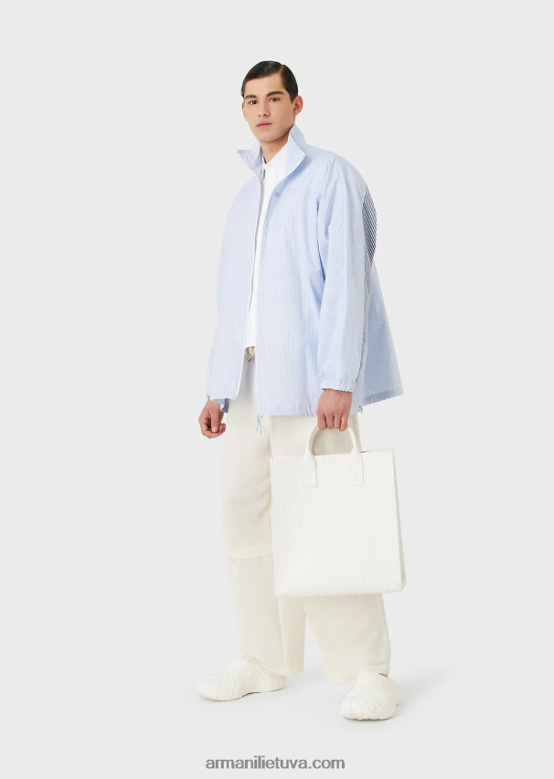 vyrų žydros spalvos Armani Dryžuoto poplino marškinių striukė su pilnu užtrauktuku su logotipu ir mermano raštu 02482X1115