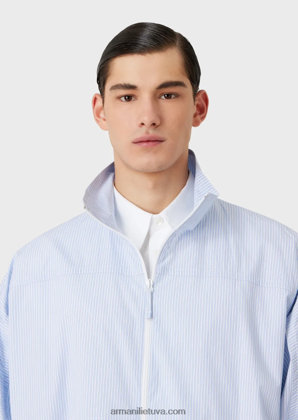 vyrų žydros spalvos Armani Dryžuoto poplino marškinių striukė su pilnu užtrauktuku su logotipu ir mermano raštu 02482X1115