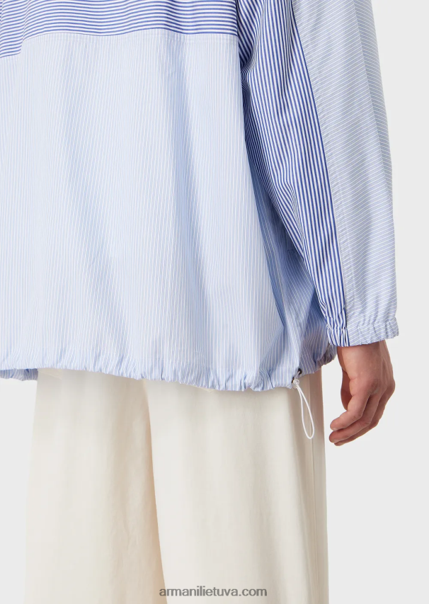 vyrų žydros spalvos Armani Dryžuoto poplino marškinių striukė su pilnu užtrauktuku su logotipu ir mermano raštu 02482X1115