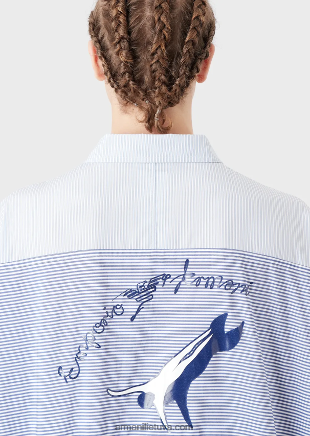 vyrų žydros spalvos Armani Dryžuoto poplino marškinių striukė su pilnu užtrauktuku su logotipu ir mermano raštu 02482X1115