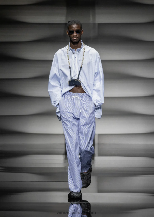 vyrų žydros spalvos Armani Dryžuoto poplino marškinių striukė su pilnu užtrauktuku su logotipu ir mermano raštu 02482X1115