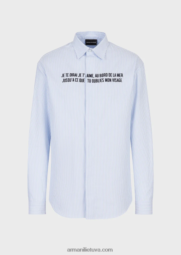 vyrų žydros spalvos Armani Oksfordo medvilniniai marškiniai su je te dirai je t'aime siuvinėjimais 02482X1072