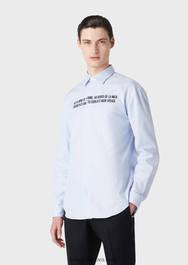 vyrų žydros spalvos Armani Oksfordo medvilniniai marškiniai su je te dirai je t\'aime siuvinėjimais 02482X1072
