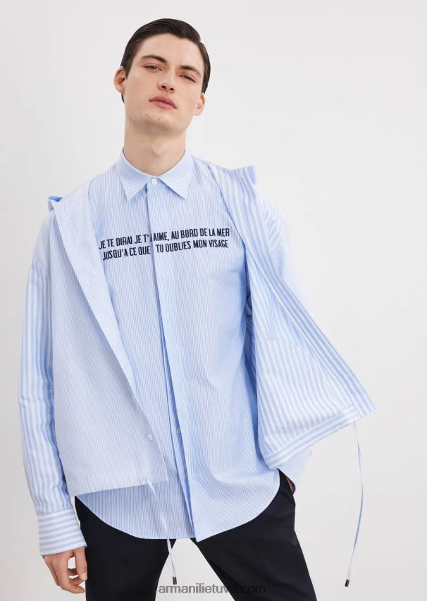 vyrų žydros spalvos Armani Oksfordo medvilniniai marškiniai su je te dirai je t\'aime siuvinėjimais 02482X1072