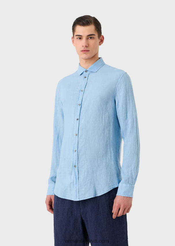 vyrų žydros spalvos Armani drabužiais dažyti lininiai marškiniai su prancūziška apykakle 02482X1082
