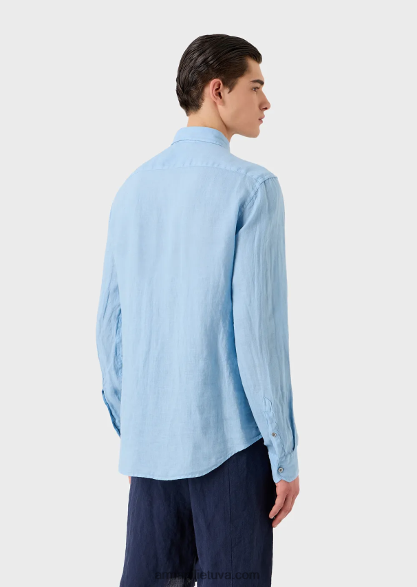 vyrų žydros spalvos Armani drabužiais dažyti lininiai marškiniai su prancūziška apykakle 02482X1082