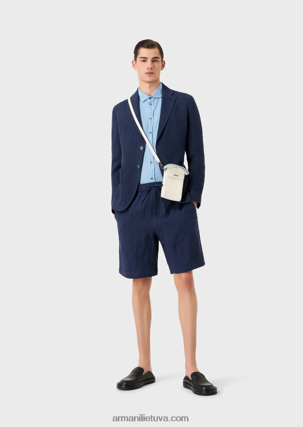 vyrų žydros spalvos Armani drabužiais dažyti lininiai marškiniai su prancūziška apykakle 02482X1082