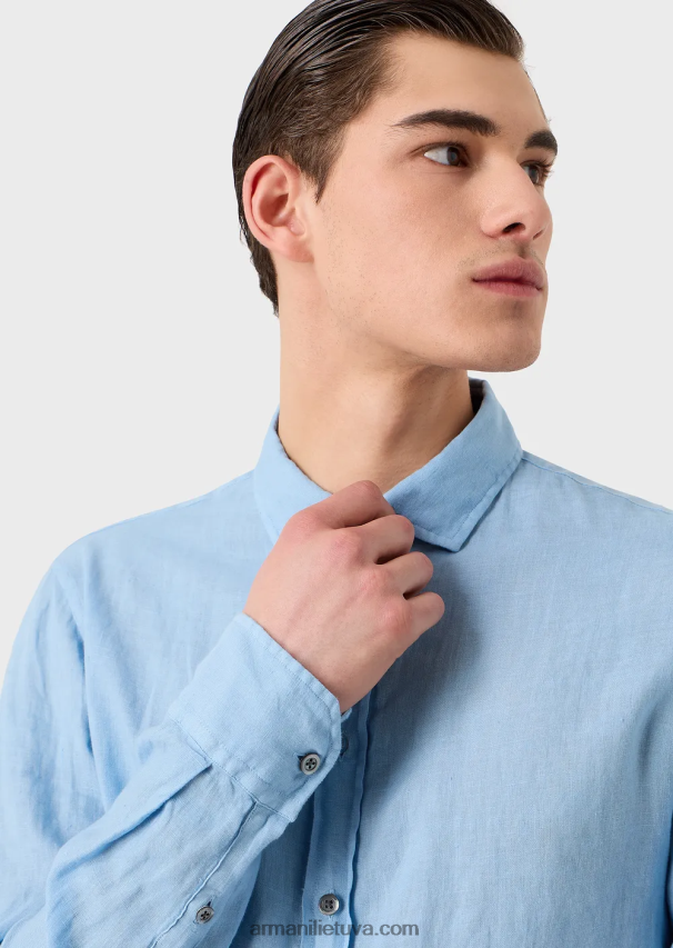vyrų žydros spalvos Armani drabužiais dažyti lininiai marškiniai su prancūziška apykakle 02482X1082