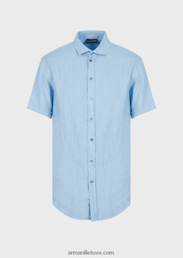 vyrų žydros spalvos Armani drabužiais dažyti lininiai marškiniai trumpomis rankovėmis prancūziška apykakle 02482X1065