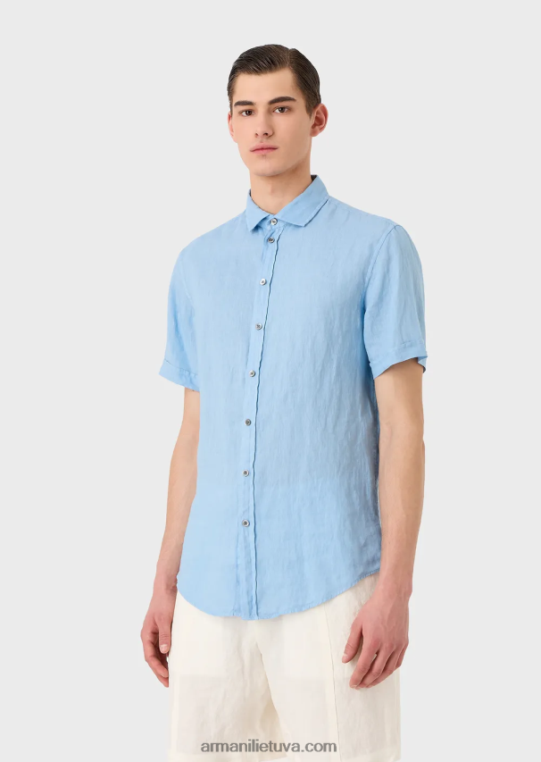 vyrų žydros spalvos Armani drabužiais dažyti lininiai marškiniai trumpomis rankovėmis prancūziška apykakle 02482X1065