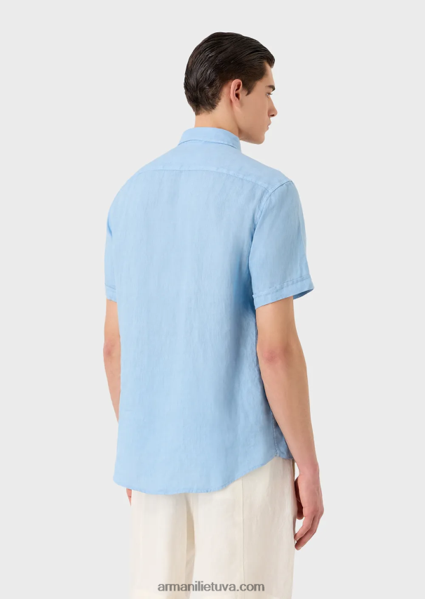 vyrų žydros spalvos Armani drabužiais dažyti lininiai marškiniai trumpomis rankovėmis prancūziška apykakle 02482X1065