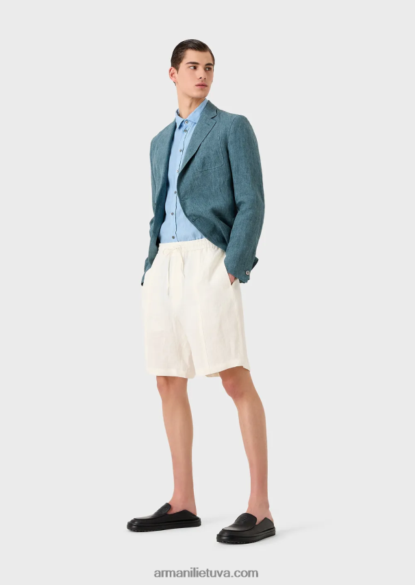 vyrų žydros spalvos Armani drabužiais dažyti lininiai marškiniai trumpomis rankovėmis prancūziška apykakle 02482X1065