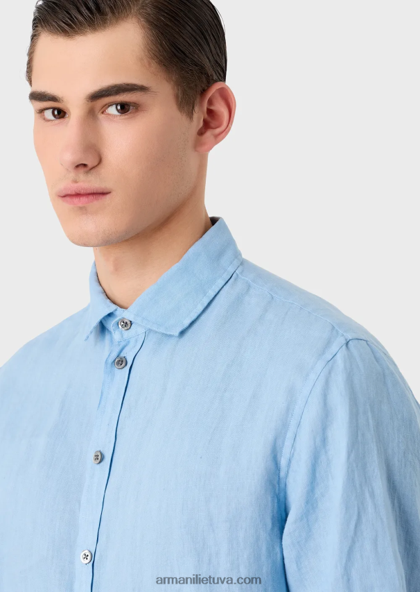 vyrų žydros spalvos Armani drabužiais dažyti lininiai marškiniai trumpomis rankovėmis prancūziška apykakle 02482X1065