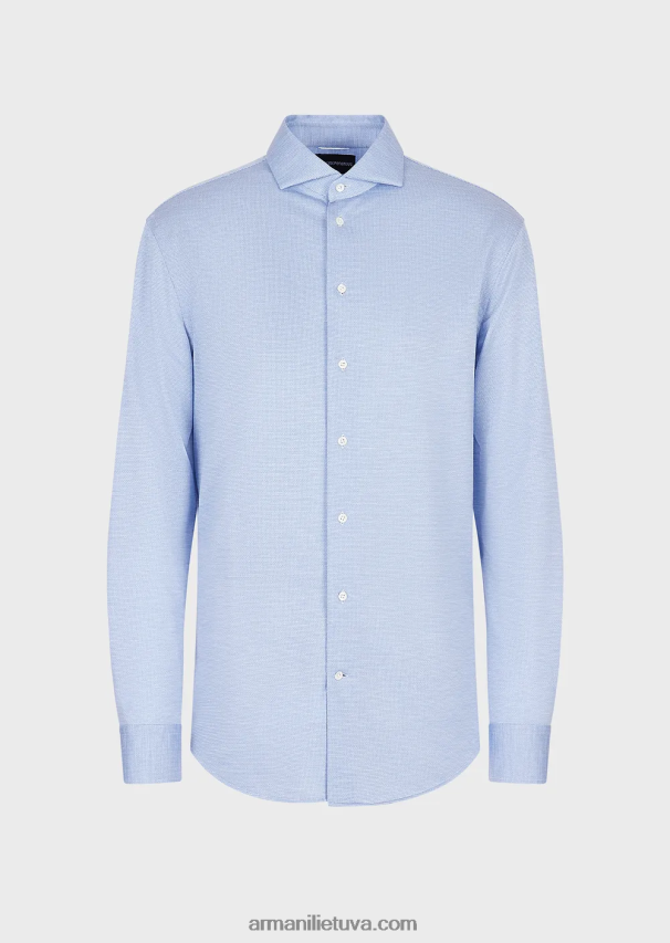 vyrų žydros spalvos Armani eukalipto vilnos mišinio tekstūruoti džersio marškinėliai 02482X1123