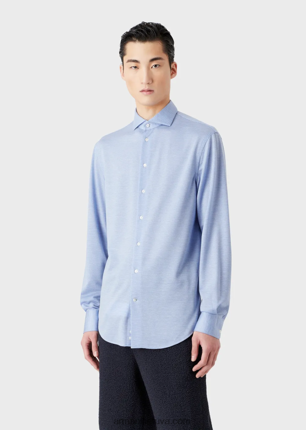 vyrų žydros spalvos Armani eukalipto vilnos mišinio tekstūruoti džersio marškinėliai 02482X1123