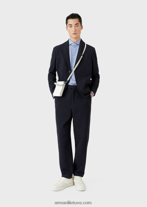 vyrų žydros spalvos Armani eukalipto vilnos mišinio tekstūruoti džersio marškinėliai 02482X1123