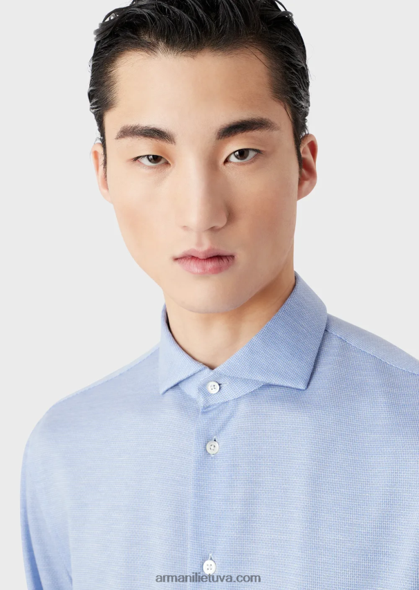 vyrų žydros spalvos Armani eukalipto vilnos mišinio tekstūruoti džersio marškinėliai 02482X1123