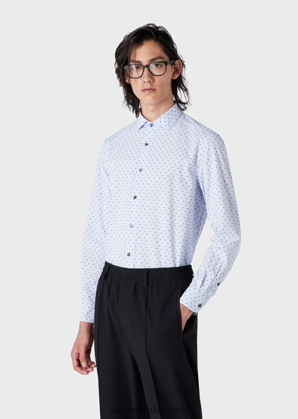 vyrų žydros spalvos Armani fil coupe medvilniniai marškiniai su žakardo mikro ereliu 02482X1070