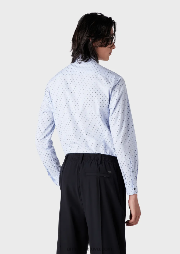 vyrų žydros spalvos Armani fil coupe medvilniniai marškiniai su žakardo mikro ereliu 02482X1070