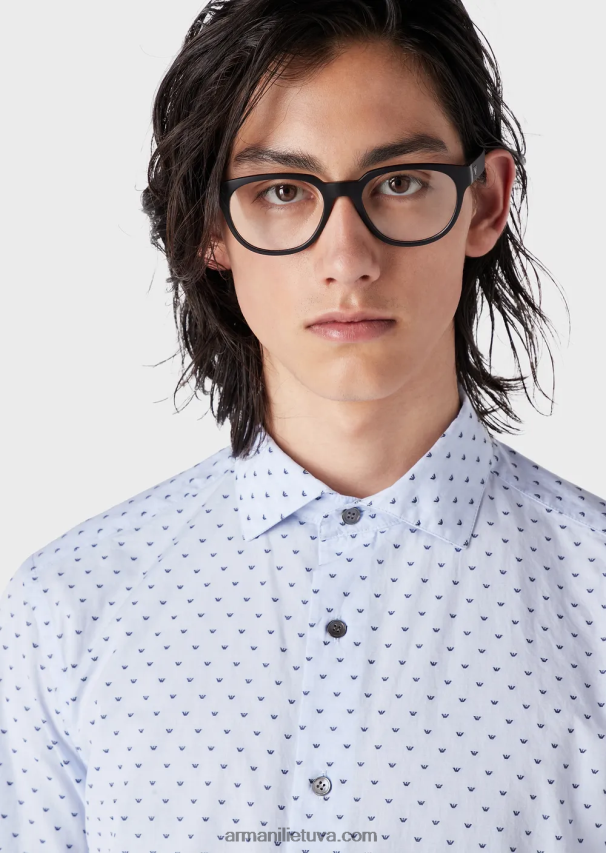 vyrų žydros spalvos Armani fil coupe medvilniniai marškiniai su žakardo mikro ereliu 02482X1070