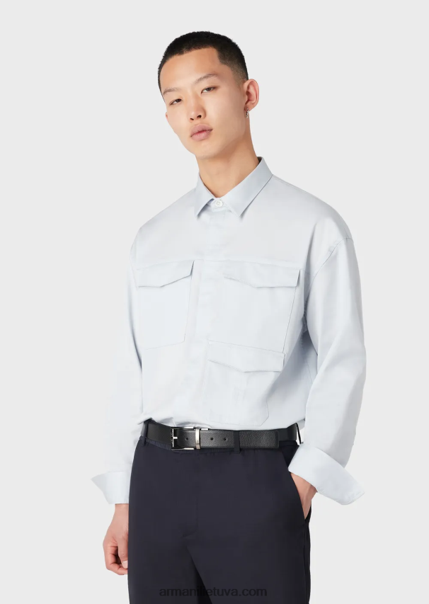 vyrų žydros spalvos Armani lengvi liocelio mišinio satino marškiniai su kišenėmis 02482X1073